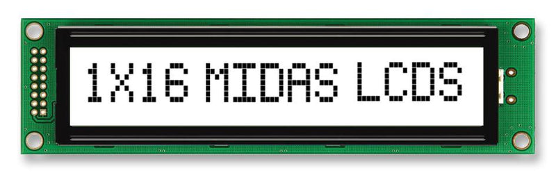 MIDAS MC11615A6W-FPTLW-V2 Alphanumeric LCD, 16 x 1, Black on White, 5V, English, Japanese, Transflective