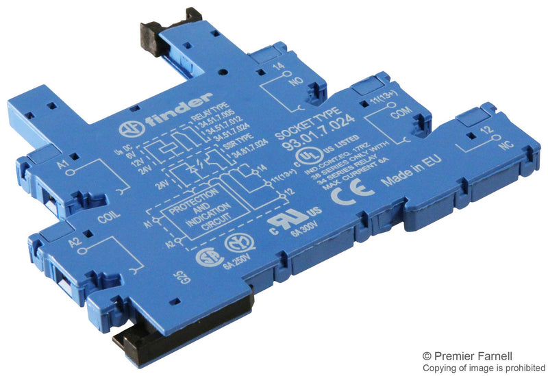 FINDER 93.01.7.024 Relay Socket, DIN Rail, Screw, 5 Pins, 6 A, 250 V