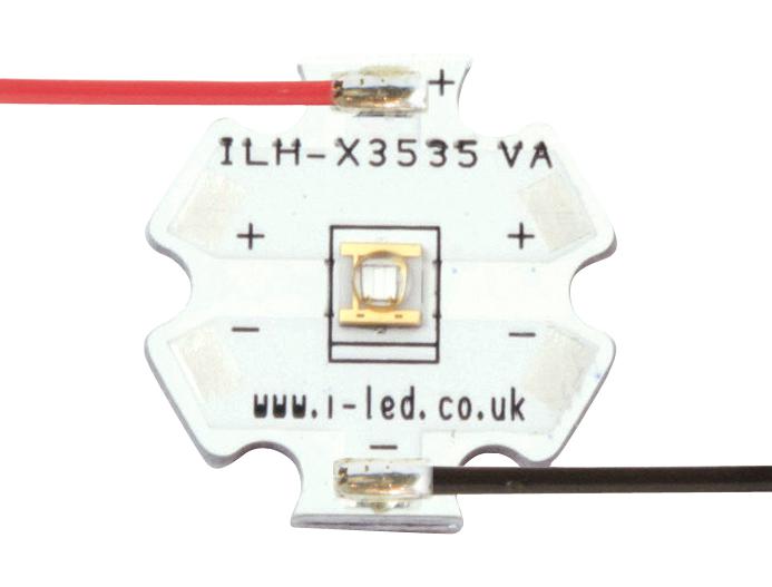 Intelligent LED Solutions ILH-XO01-S380-SC211-WIR200. UV Emitter Module 1 Chip 380 to 390 nm 125? (&plusmn;62.5&deg;) 1.05 W 200 mm Red & Black Star PCB