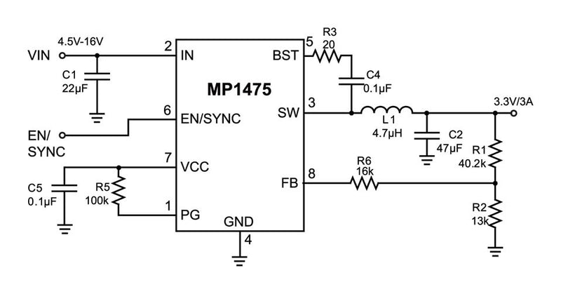 Monolithic Power Systems (MPS) MP1475SGJ-P DC-DC Switching Synchronous Buck Regulator 4.5V-16V in 800mV to 15.2V out 3A 500kHz TSOT-23-8 New