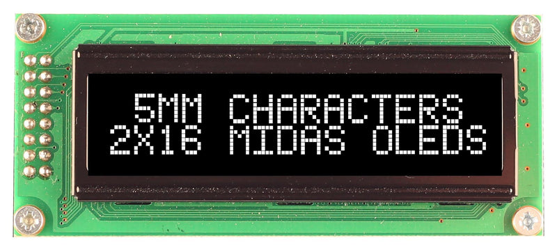 Midas MCOB21605B1V-EWP Alphanumeric Oled 16 x 2 White on Black 5V Parallel English Cyrillic Euro Japanese