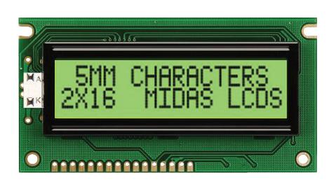 MIDAS MC21605AB6W-GPTLY-V2 Alphanumeric LCD, 16 x 2, Black on Grey, 5V, Parallel, English, Japanese, Transflective