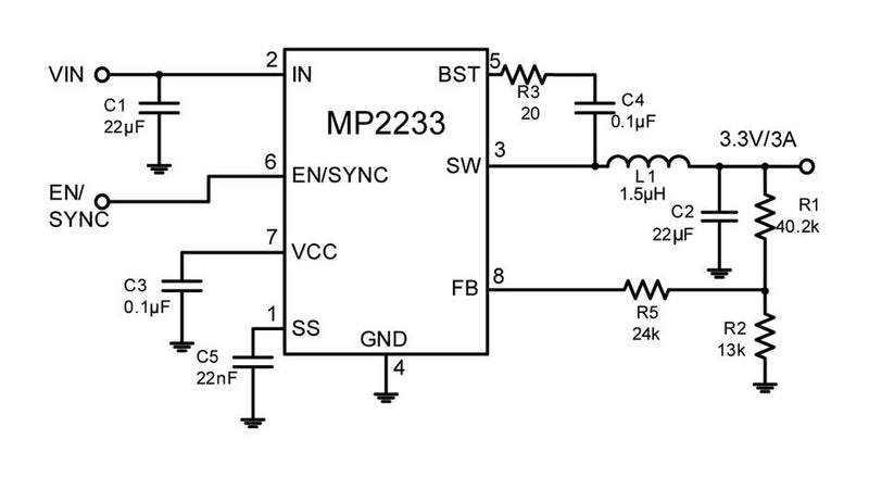 Monolithic Power Systems (MPS) MP2233DJ-LF-P DC-DC Switching Synchronous Buck Regulator 4.5V-16V in 800mV to 13V out 3A 1.4MHz TSOT-23-8