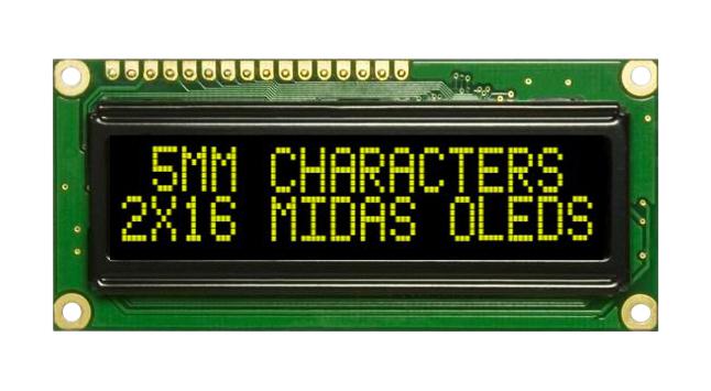 Midas MCOB21605G1V-EYS Alphanumeric Oled 16 x 2 Yellow on Black 5V SPI English Euro Japanese 5.55 mm