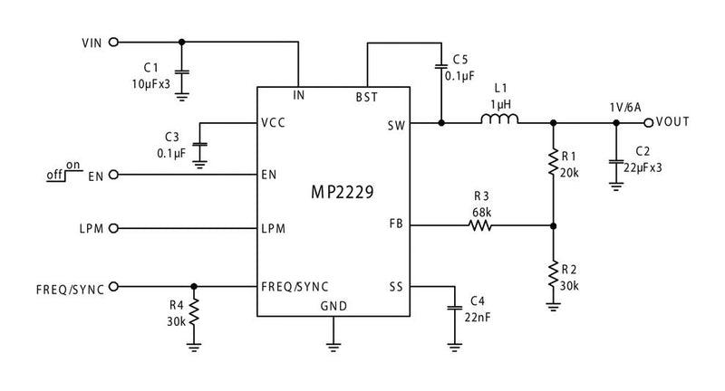 Monolithic Power Systems (MPS) MP2229GQ-P DC-DC Switching Synchronous Buck Regulator 4.5V-21V in 600mV to 19.95V out 6A 2MHz QFN-14