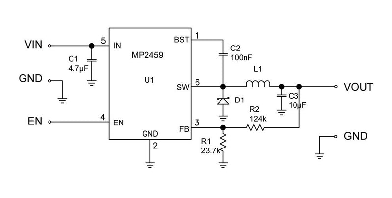 Monolithic Power Systems (MPS) MP2459GJ-Z DC-DC Switching Buck (Step Down) Regulator 4.5V-55V in 810mV-52.25V out 500mA 480kHz TSOT-23-6