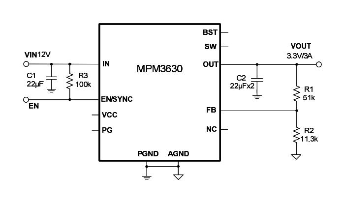 Monolithic Power Systems (MPS) MPM3630GQV-Z DC/DC POL Converter Adjustable Sync Buck 1.4MHz 4.5V to 18V in 0.6V 16.2V/3A Out QFN-20