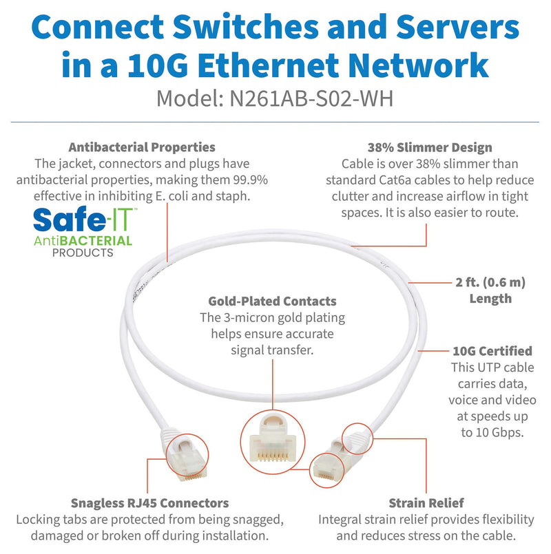 TRIPP-LITE N261AB-S02-WH N261AB-S02-WH Enet Cable RJ45 PLUG-PLUG 2FT White