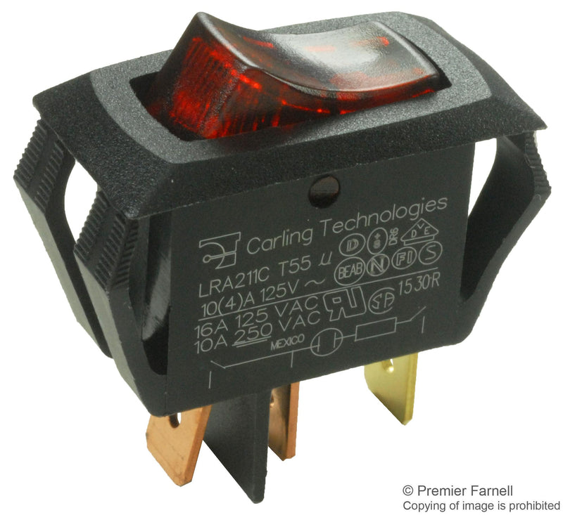 CARLING TECHNOLOGIES LRA211-CR-B/125N SWITCH, ROCKER, SPST, 16A, 250V, RED