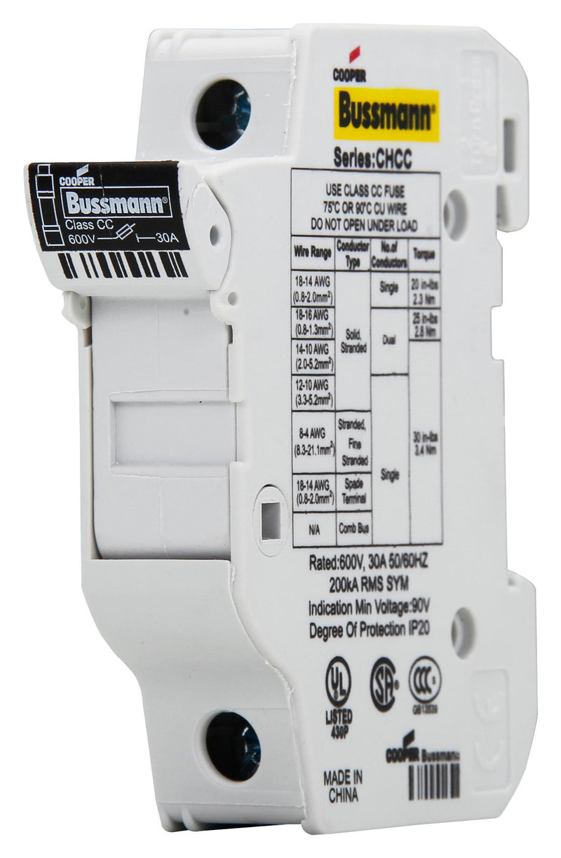 EATON BUSSMANN SERIES CHCC1DU DIN RAIL FUSE HOLDER, 30A, 600VAC, SCREW