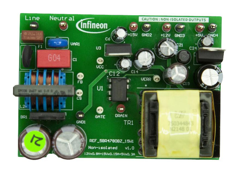 Infineon REF5BR4780BZ15W1TOBO1 Reference Board ICE5BR4780BZ Power Management 15W Non-Isolated Flyback Auxiliary Supply New