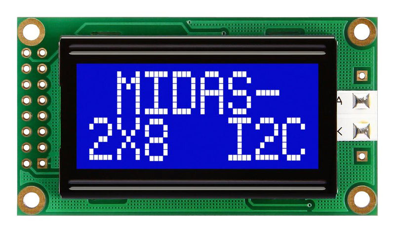 MIDAS MC20805A6W-BNMLWI-V2 Alphanumeric LCD, 8 x 2, White on Blue, 5V, I2C, English, Japanese, Transmissive