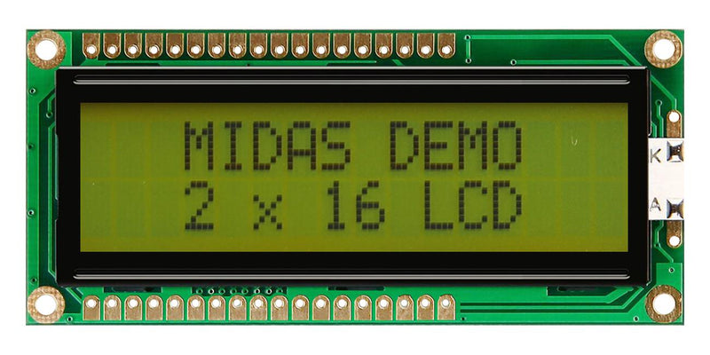 Midas MC21605G6W-SPTLY3.3-V2 MC21605G6W-SPTLY3.3-V2 Alphanumeric LCD 16 x 2 Black on Yellow / Green 3.3V Parallel English Japanese