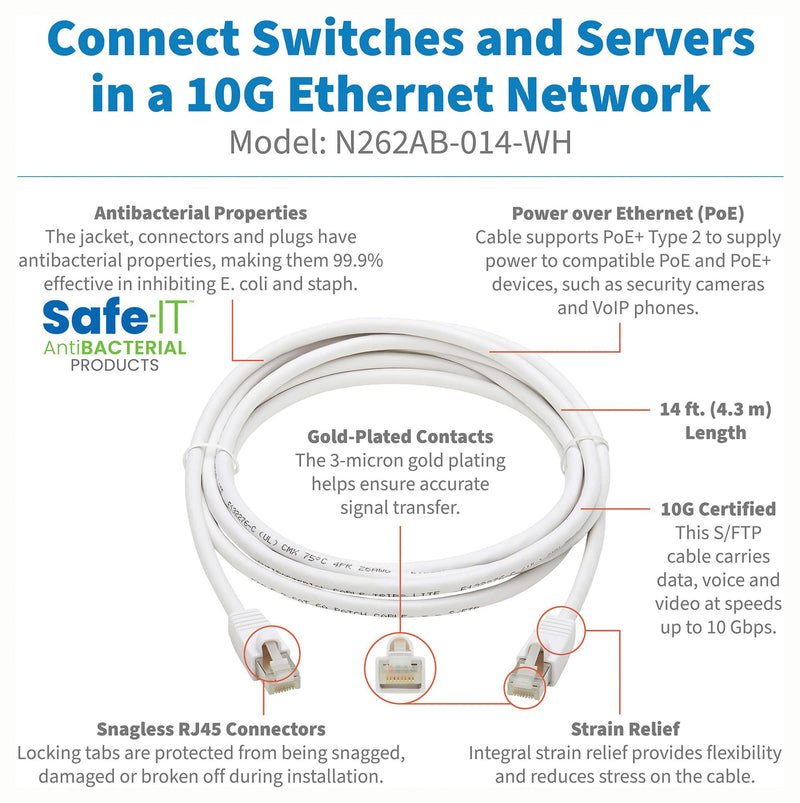 TRIPP-LITE N262AB-014-WH N262AB-014-WH Enet Cable RJ45 PLUG-PLUG 14FT White