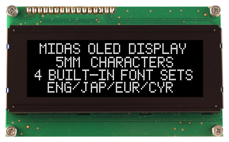 Midas MCOB42005A1V-EWS Alphanumeric Oled 20 x 4 White on Black 5V SPI English Euro Japanese 4.75 mm