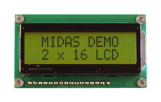 Midas MC21605H6W-SPTLY3.3-V2 MC21605H6W-SPTLY3.3-V2 Alphanumeric LCD 16 x 2 Black on Yellow / Green 3.3V Parallel English Japanese