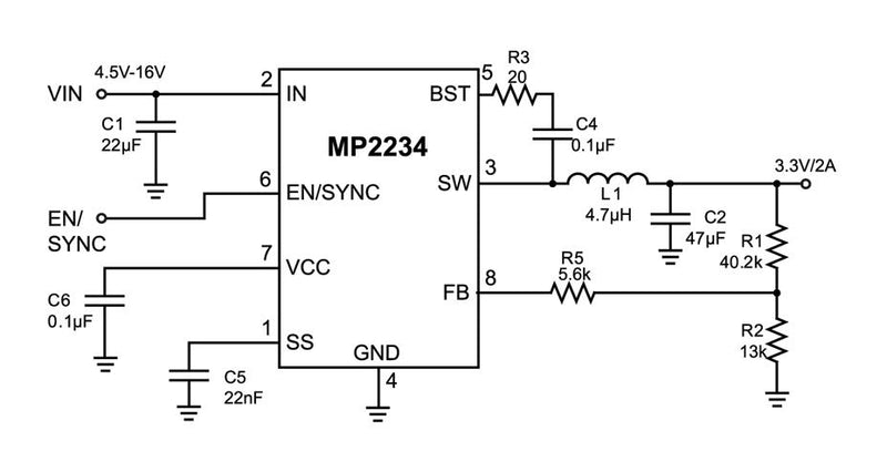 Monolithic Power Systems (MPS) MP2234SGJ-P DC-DC Switching Synchronous Buck Regulator 4.5V-16V in 804mV to 14.72V out 2A 800kHz TSOT-23-8 New