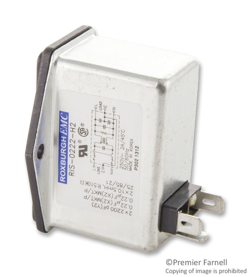 Roxburgh EMC RIS0222H2 RIS0222H2 Filtered IEC Power Entry Module C14 General Purpose 2 A 250 VAC 2-Pole Switch