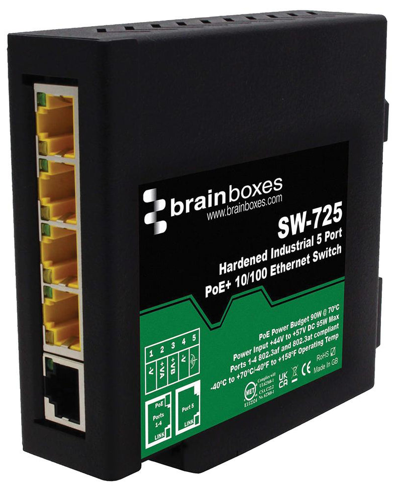 Brainboxes SW-725 SW-725 Switch 5 Ports Industrial Unmanaged PoE Fast Ethernet DIN Rail RJ45 x 10Mbps 100Mbps New