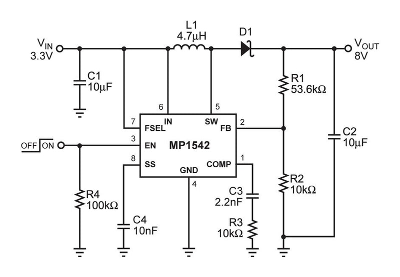 Monolithic Power Systems (MPS) MP1542DK-LF-P DC-DC Switching Boost (Step Up) Regulator 2.5V-22V in 3V to 22V out 2A 1.3MHz MSOP-8 New