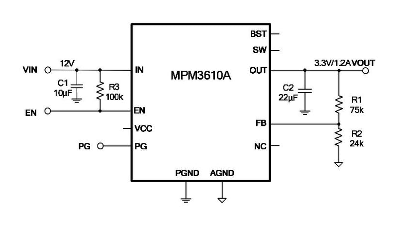 Monolithic Power Systems (MPS) MPM3610AGQV-P DC/DC POL Converter Adjustable Sync Buck 2MHz 4.5V to 21V in 0.8V 17.43V/1.2A Out QFN-20