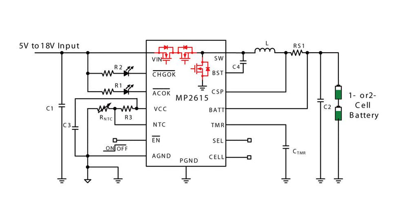 Monolithic Power Systems (MPS) MP2615GQ-P Battery Charger for 2 Cells of Li-Ion Li-Pol 18V Input 4.2V/2A Charge QFN-16