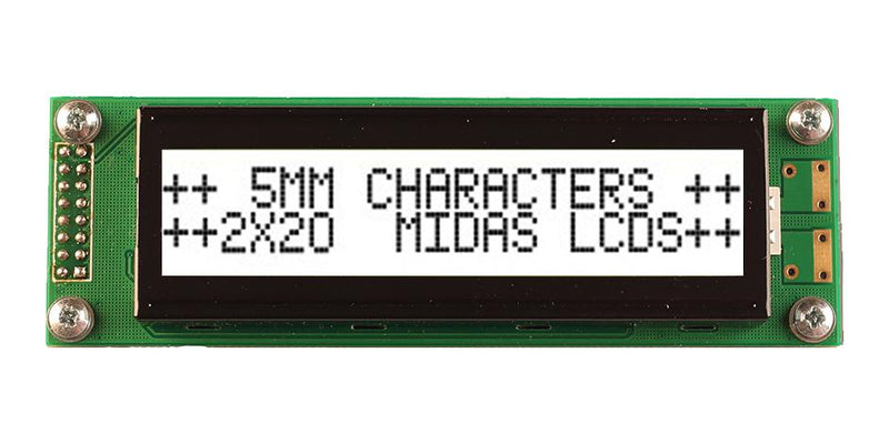 Midas MC22005A6W-FPTLW3.3-V2 MC22005A6W-FPTLW3.3-V2 Alphanumeric LCD 20 x 2 Black on White 3.3V Parallel English Japanese Transflective