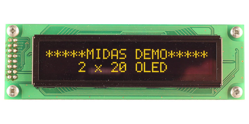 Midas MCOB22005A1V-EYS Alphanumeric Oled 20 x 2 Yellow on Black 5V SPI English Euro Japanese 5.55 mm