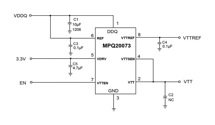 Monolithic Power Systems (MPS) MPQ20073DH-AEC1-LF-Z DDR Termination Regulator DDR2 DDR3 3.3V to 5V in 2.7A MSOP-EP-8