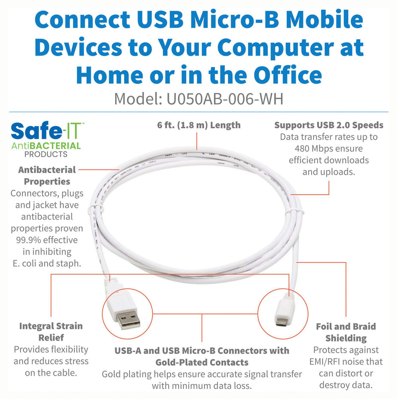 TRIPP-LITE U050AB-006-WH U050AB-006-WH USB Cable 2.0 Type A-MICRO B Plug 6FT