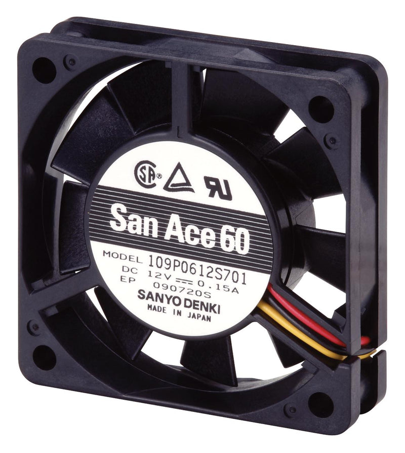 Sanyo Denki 109P0612H701 DC Axial Fan 12 V Square 60 mm 15 Ball Bearing 14.1 CFM