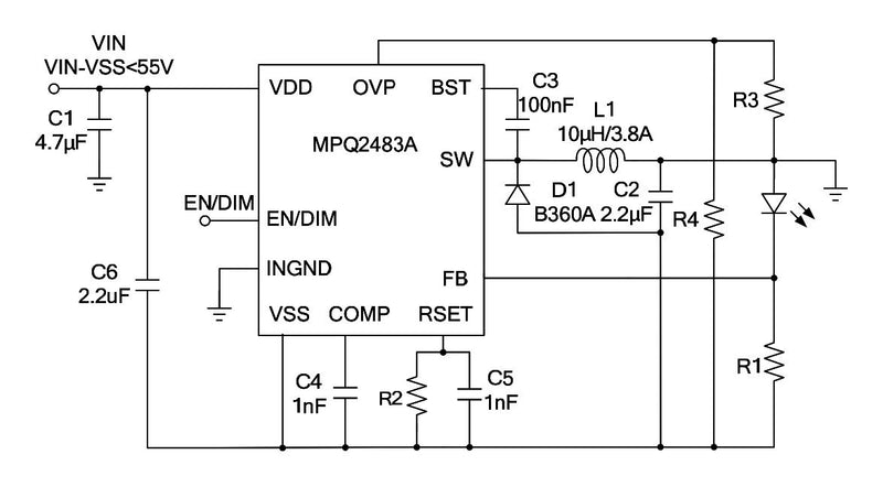 Monolithic Power Systems (MPS) MPQ2483ADQ-AEC1-LF-P LED Driver 1 Output Buck Buck-Boost 4.5 V to 55 Input 250 kHz 2.5 A QFN-10