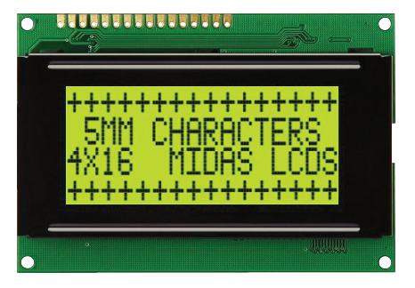 MIDAS MC41605A6W-SPR-V2 Alphanumeric LCD, 16 x 4, Black on Yellow / Green, 5V, Parallel, English, Japanese, Reflective