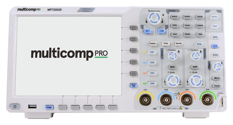 Multicomp PRO MP720025 EU-UK Digital Oscilloscope Touchscreen Decoding 4 Analogue 100 MHz 1 Gsps 40 Mpts 3.5 ns