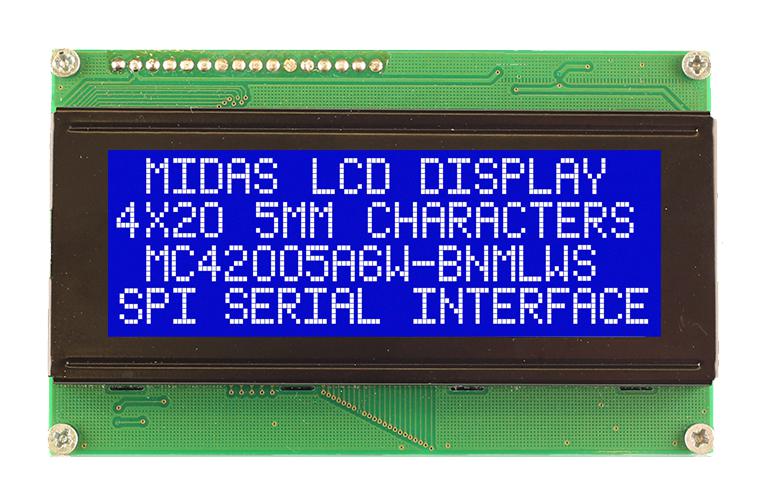 Midas MC42005A6W-BNMLWS-V2 MC42005A6W-BNMLWS-V2 Alphanumeric LCD 20 x 4 White on Blue 5V SPI English Japanese Transmissive