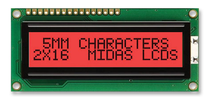 MIDAS MC21605C6W-FPTLR-V2 Alphanumeric LCD, 16 x 2, Black on Red, 5V, Parallel, English, Japanese, Transflective