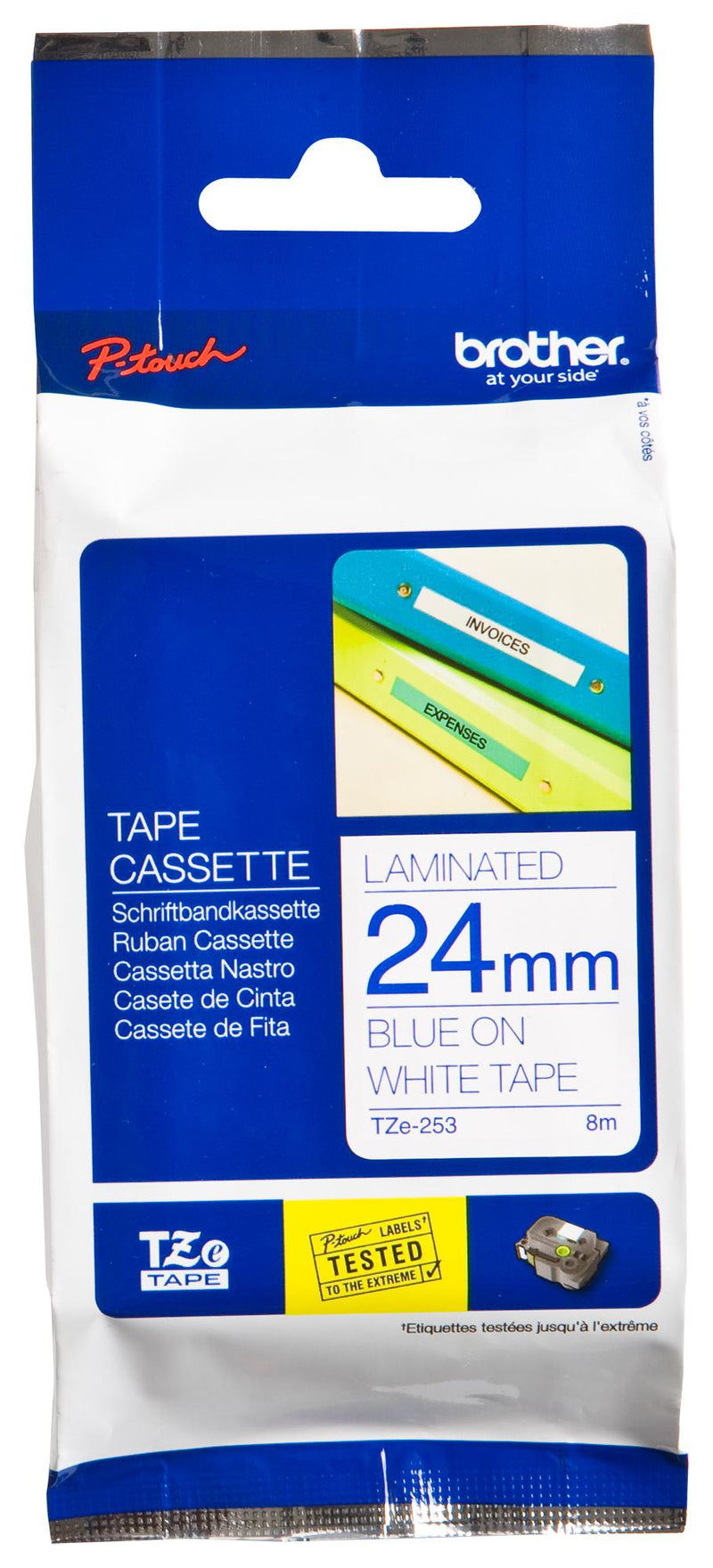 Brother TZE-253 Label Printer Tape Adhesive-Laminated Blue on White 8 m