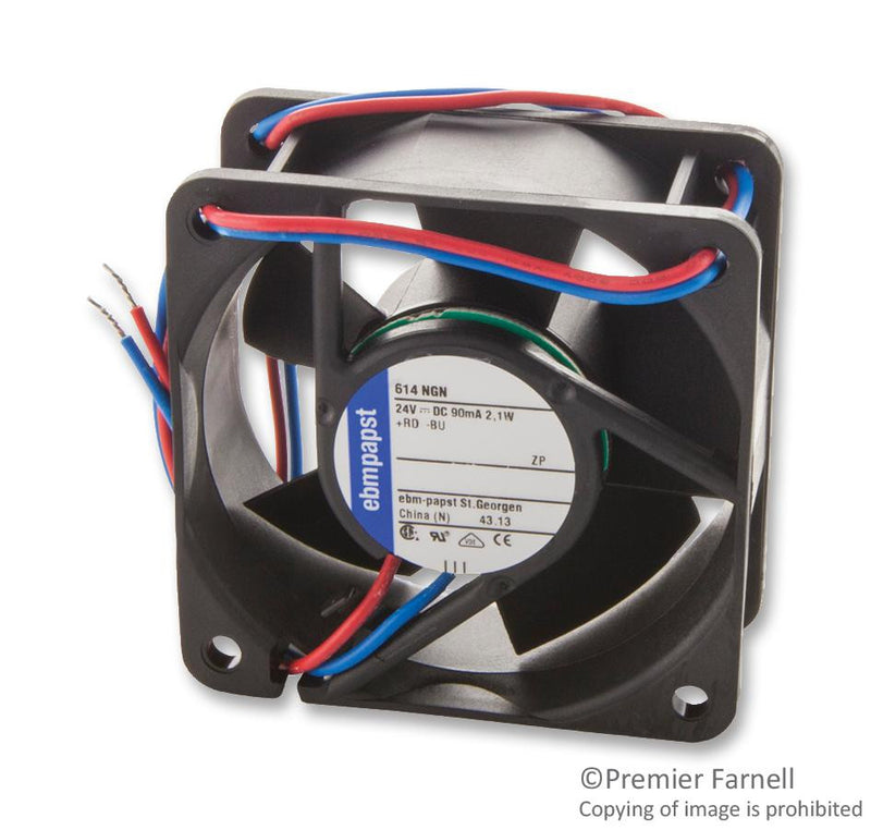 EBM-PAPST 614NGN Axial Fan, 600NG Series, 24 V, DC, 60 mm, 25 mm, 35 dBA, 24.7 cu.ft/min