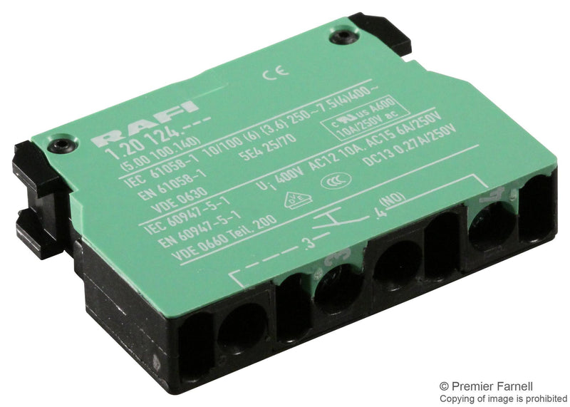 RAFI 5.00.100.140/0000 Contact Block, 6 A, 250 V, 1 Pole, Screw