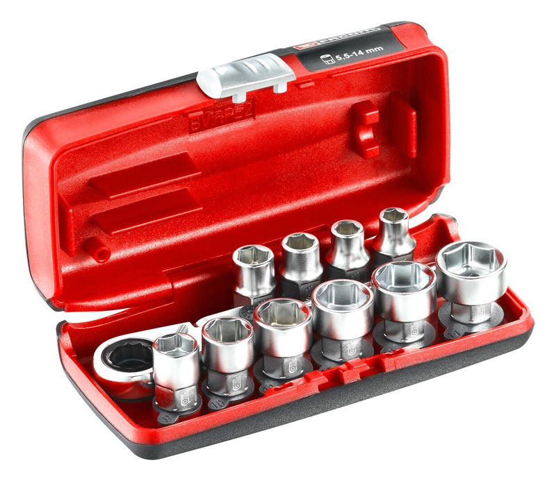 Facom Rxpicopb Socket Set 10 x 1/4" Metric 6 Point 5.5/6/7/8/9/10/11/12/13/14mm R.HX Hex Sockets R.180H Ratchet