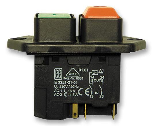 TRIPUS 3251-20-01 Pushbutton Switch, Off-On, DPST, 230 V, 16 A, Quick Connect, Solder