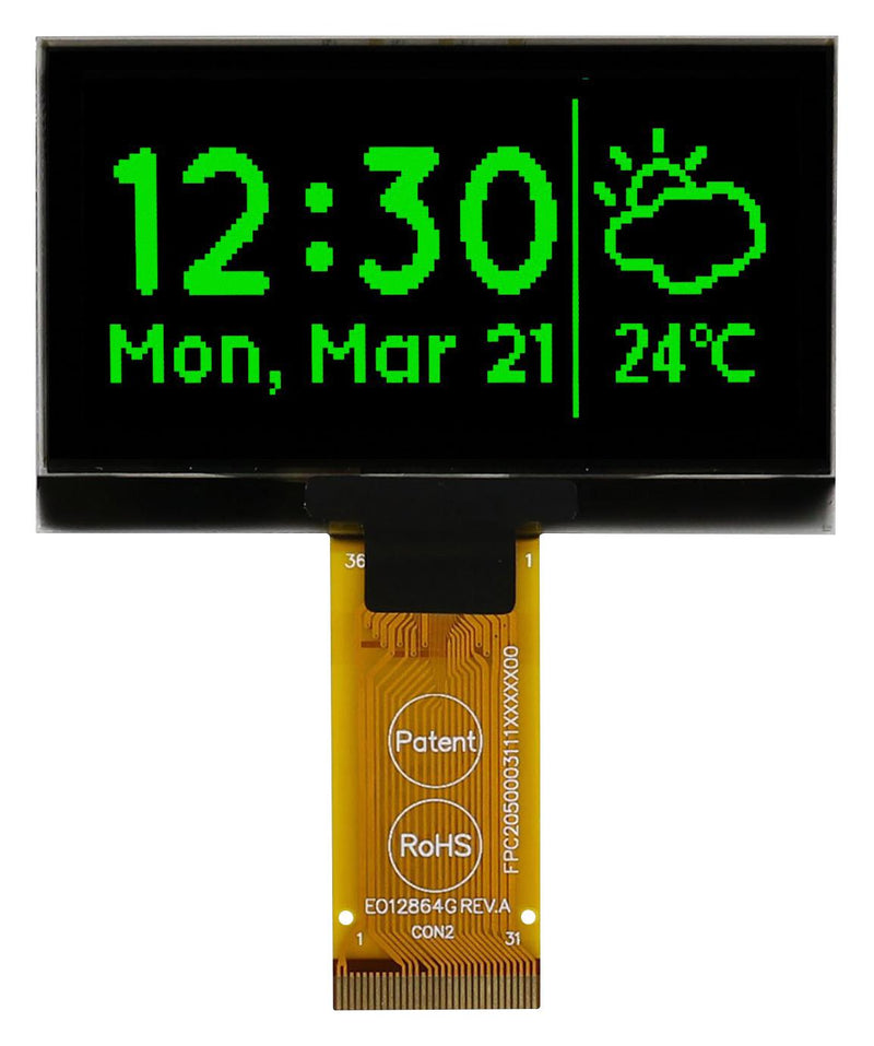 Midas MCOT128064H1V-GM Graphic Oled 128 x 64 Pixels Green on Black 3V I2C Parallel SPI 60.5mm 37mm -40 &deg;C