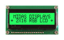 Midas MD21605H6W-FPTLRGB MD21605H6W-FPTLRGB Alphanumeric LCD 16 x 2 Black on RGB 5V Transflective