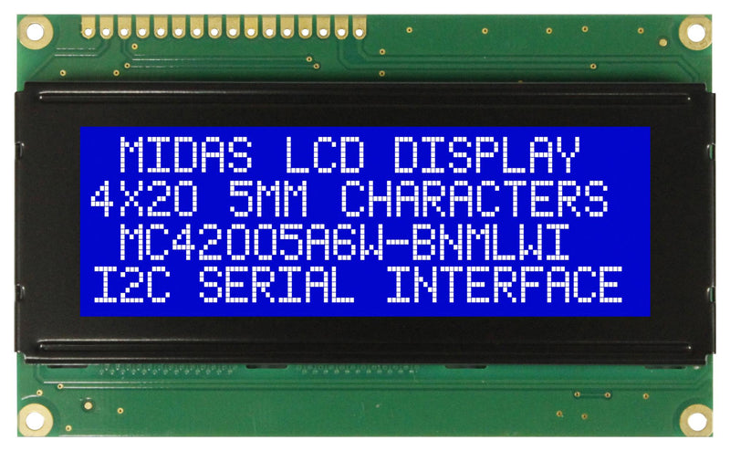 MIDAS MC42005A6W-BNMLWI-V2 Alphanumeric LCD, 20 x 4, White on Blue, 5V, I2C, English, Japanese, Transmissive