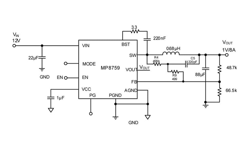 Monolithic Power Systems (MPS) MP8759GD-P DC-DC Switching Synchronous Buck Regulator 4.5V-24V in 600mV to 5.5V out 8A 700kHz QFN-12 New