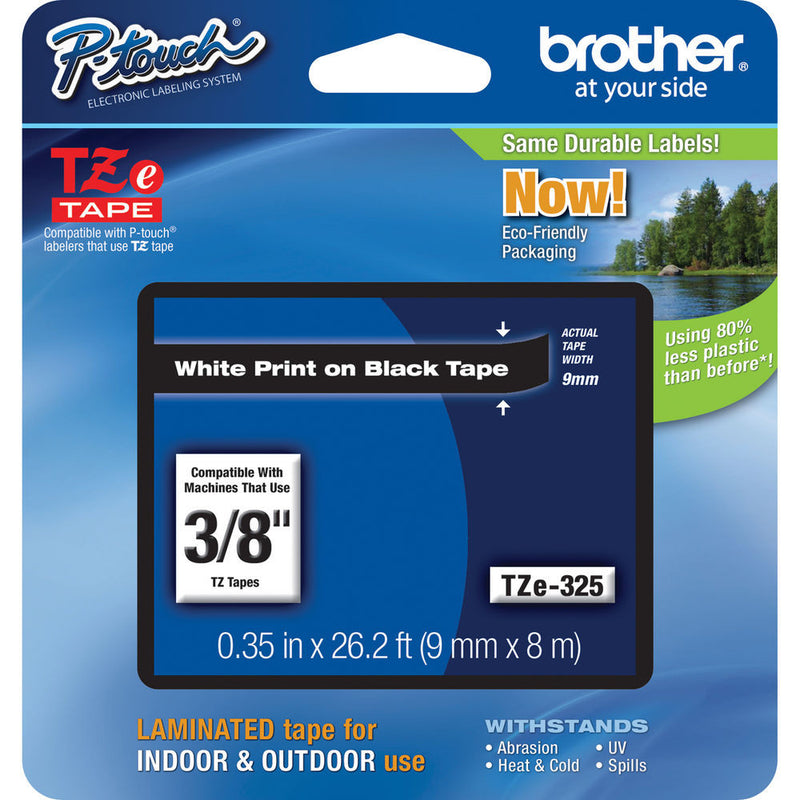 Brother TZe325 Laminated Tape for P-Touch Labelers (White on Black, 0.35" x 26.2')