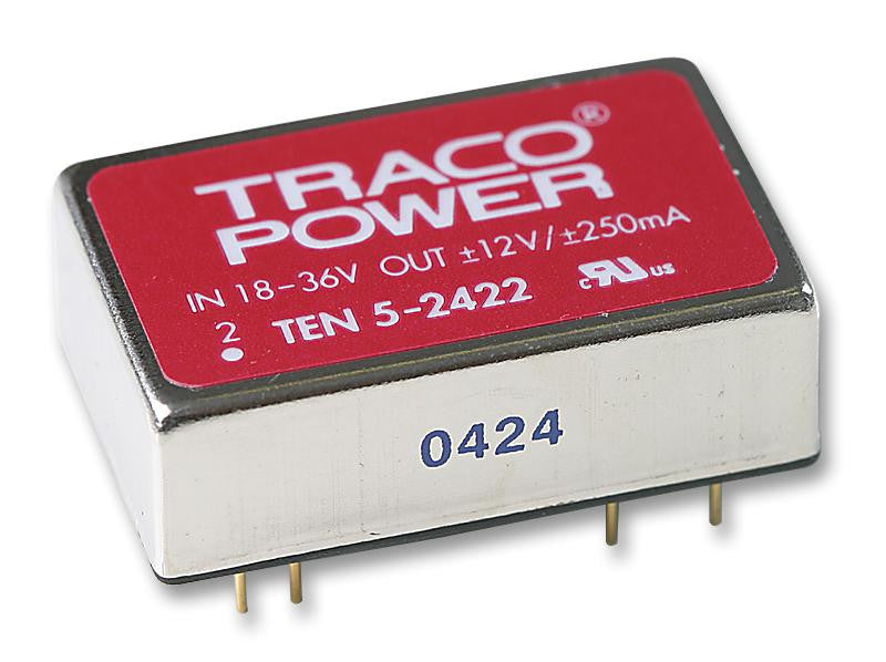 TRACOPOWER TEN 5-2422 Isolated Board Mount DC/DC Converter, Metal Case, 2 Output, 6 W, 12 V, 250 mA, -12 V, 250 mA