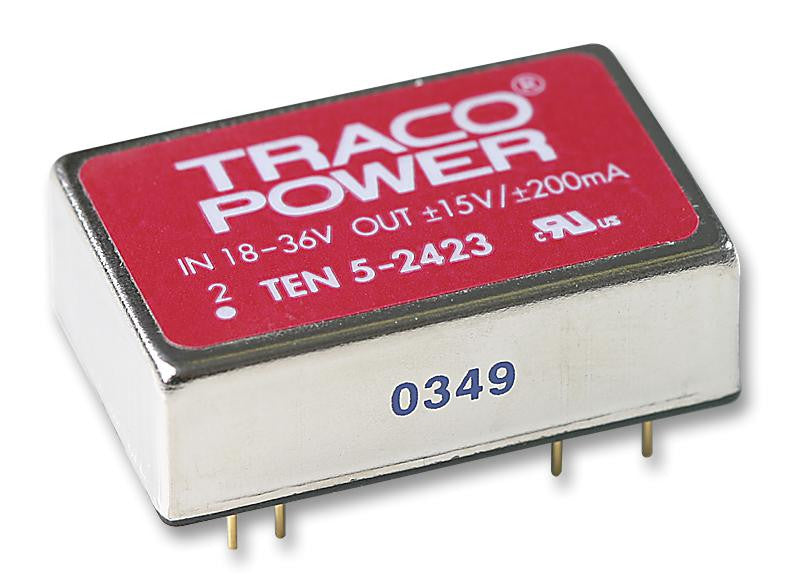 TRACOPOWER TEN 5-2423 Isolated Board Mount DC/DC Converter, Metal Case, 2 Output, 6 W, 15 V, 200 mA, -15 V, 200 mA