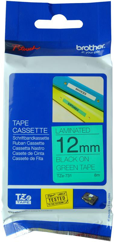 BROTHER TZE-731 TAPE, BLACK ON GREEN, 12MM W, 8M L