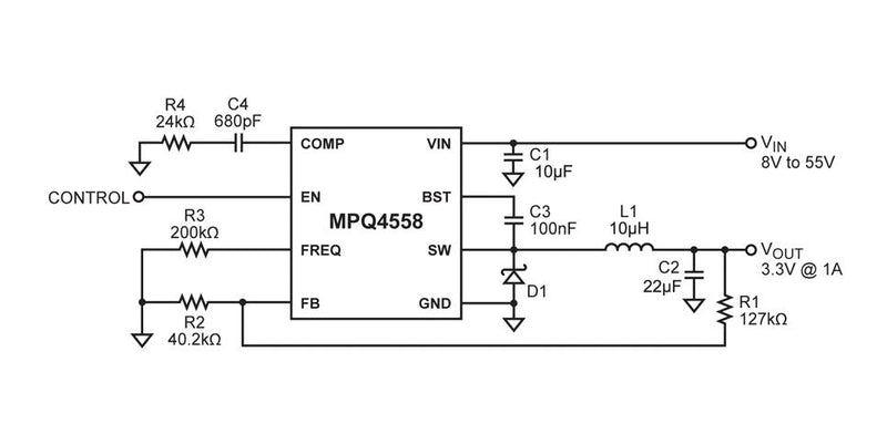 Monolithic Power Systems (MPS) MPQ4558DQ-AEC1-LF-P DC-DC Switching Buck (Step Down) Regulator 3.8V-55V in 800mV to 52V out 1A 1MHz QFN-EP-10 New